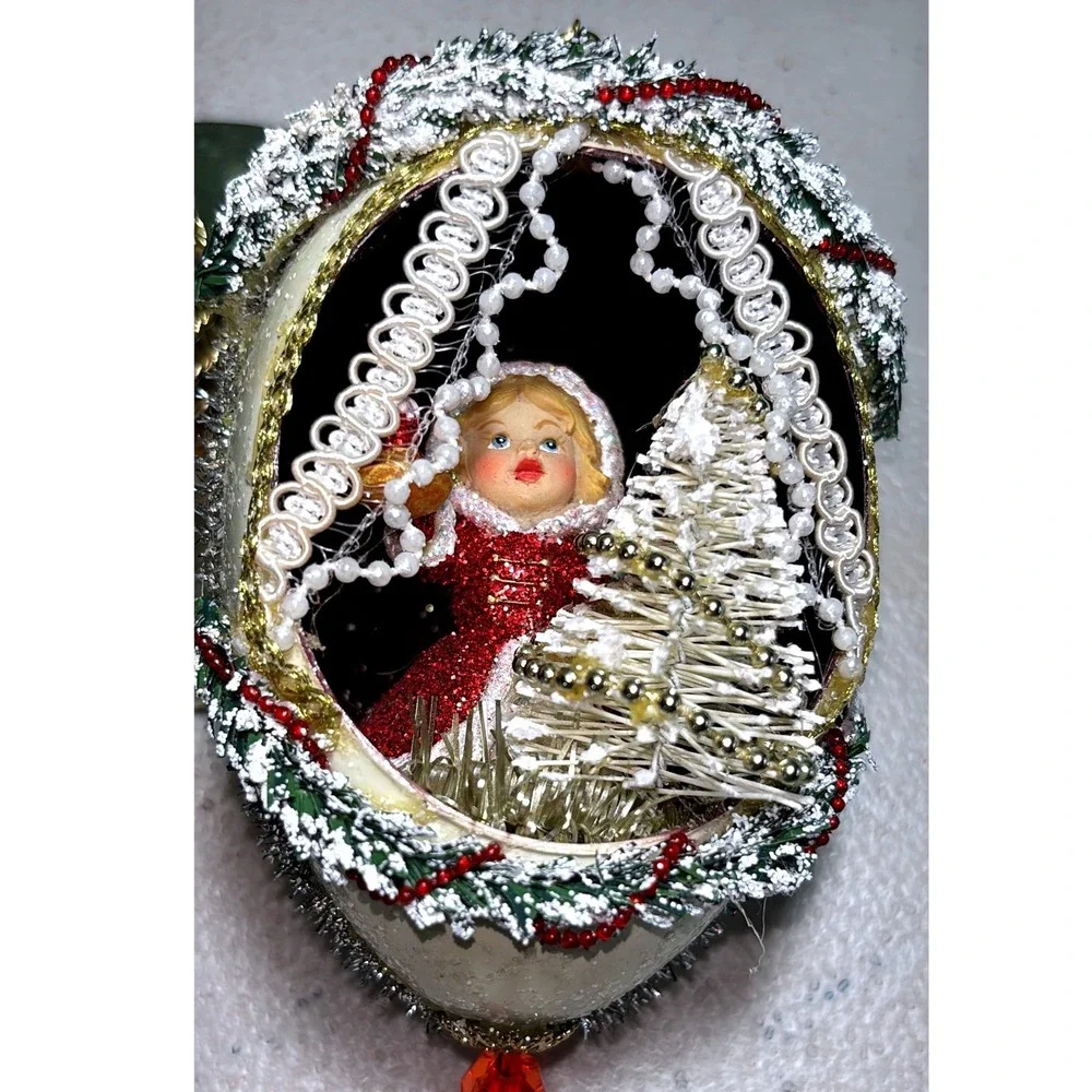 Vintage‎ Diorama Egg Ornament White Red Girl with Christmas Tree